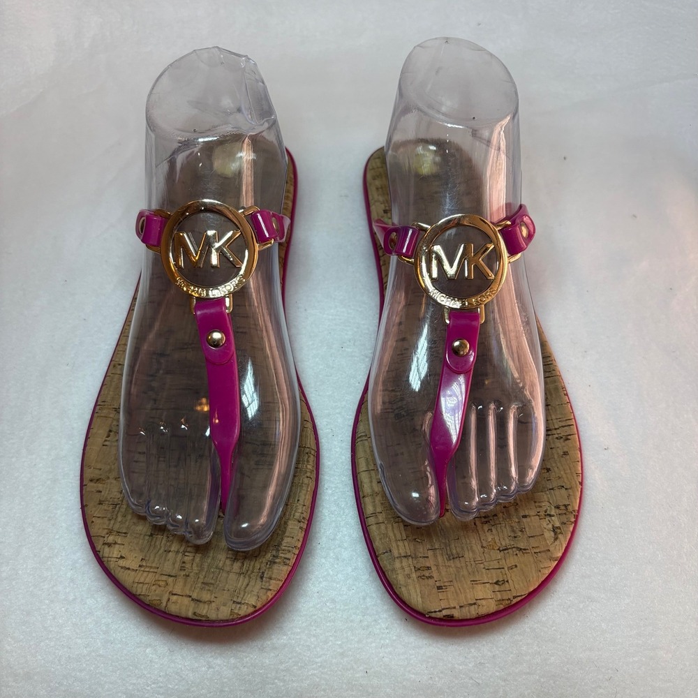 Michael Kors Magenta Jelly Cork Thong Sandals Gold MK Medallion Flat Slides 10